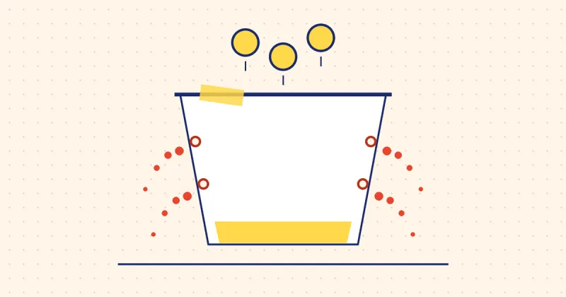 Coins dropping into a bucket that leaks from holes in both walls